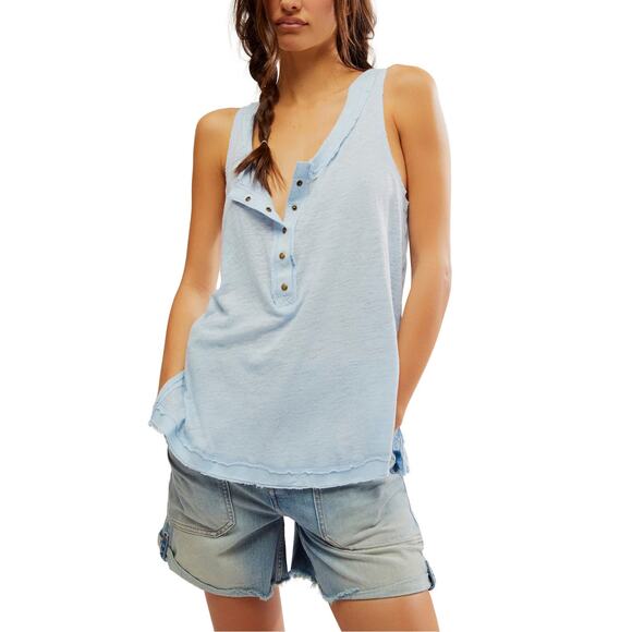We the Free People Scoop Neck Tank Top Size Small Blue Relax Raw Edge Trim Snap - Picture 1 of 10